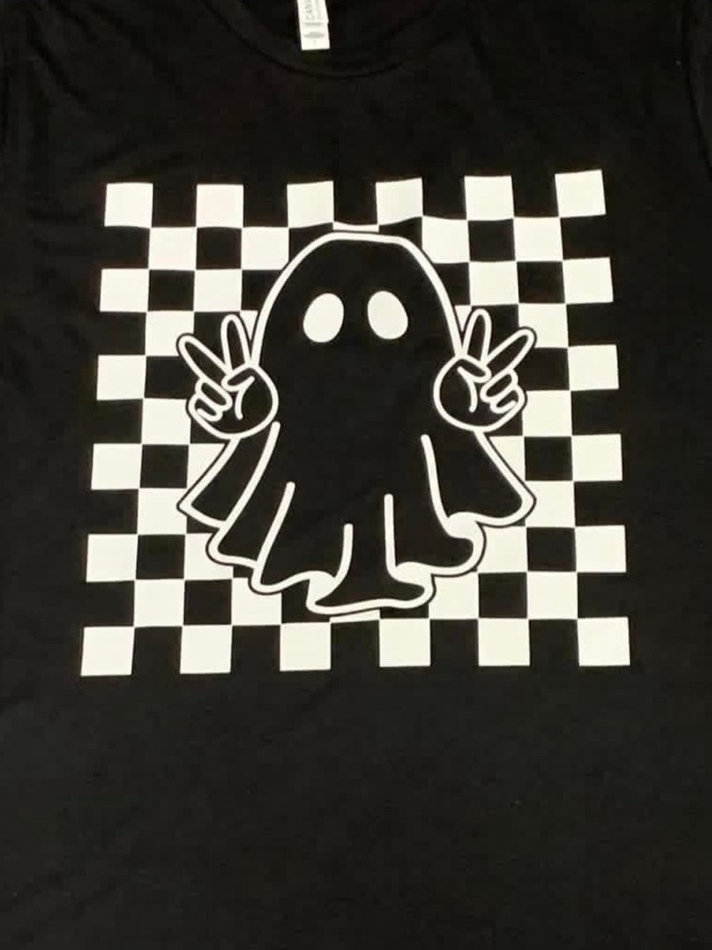 Halloween black Shirt White Peace Ghost & Checkerboard Large